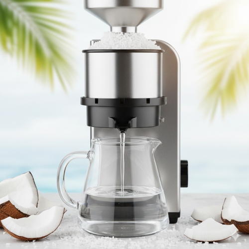 Modern electric cold-press machine extracting clear virgin coconut oil from dry shredded coconut flakes into a glass pitcher, with a tropical background.